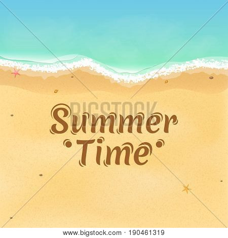 Summer time. Top view of an exotic empty beach with sea stars and seashells. Beautiful text on the sand. A foamy sea with waves. Vector illustration. EPS 10
