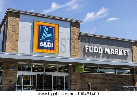 Indianapolis - Circa June 2017: Aldi Discount Supermarket. Aldi sells a range of grocery items including produce meat & dairy at discount prices 