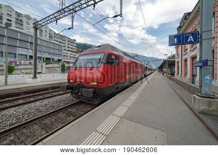 Montreux, Switzerland. 3rd June 2017. A train is at Montreux station ready to depart for Lausanne.