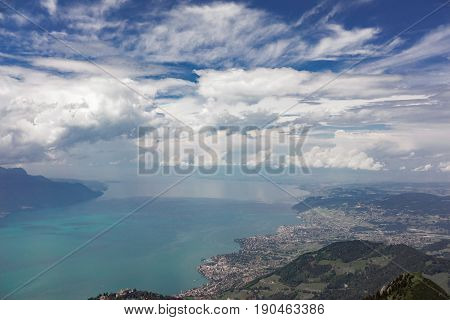 Elevated capture of the Swiss Alps at Rocher de Naye near Montreux with Lake Leman (Lake Geneva) in the background