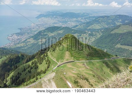 Elevated capture of the Swiss Alps at Rocher de Naye near Montreux with Lake Leman (Lake Geneva) in the background