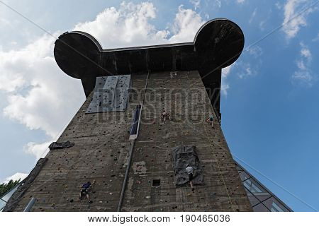 VIENNA, AUSTRIA-JUNE 01, 2017: Climbing at the large artificial wall at the House of the Sea, Vienna, Austria