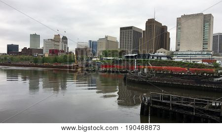 Cloudy skies cover Newark and the waterfront