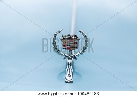 PAAREN IM GLIEN GERMANY - JUNE 03 2017: Hood ornament of a full-size personal luxury car Cadillac Eldorado (Seventh generation). Exhibition 