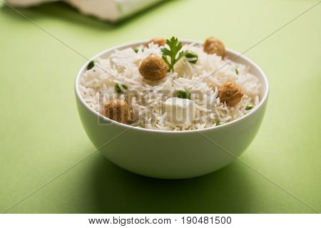authentic paneer or soya bean or green peas pulav or vegetables rice or veg biryani with paneer cubes and soya chunk, selective focus