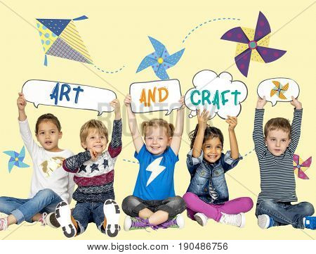 Illustration of paper windmill and flying kite art and craft