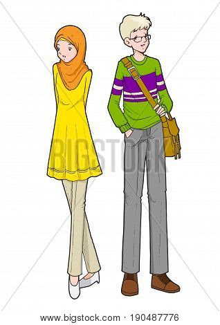 Cartoon illustration of couple muslim boy and girl