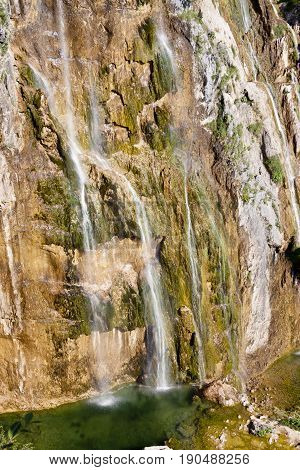 Aerial view on big waterfall in National Park - Plitvice lakes Croatia.