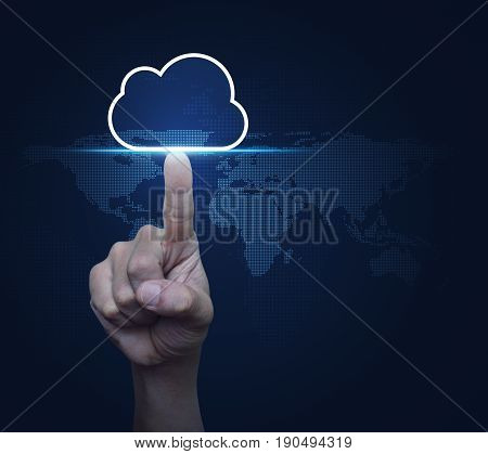 Hand click on cloud icon with copy space over digital world map Cloud computing concept Elements of this image furnished by NASA