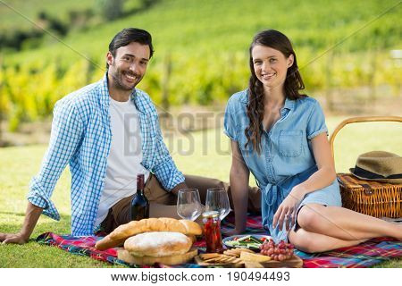 Portrait of happy couple enjoying picnic at vinyard
