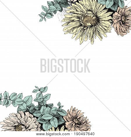Vector floral backdrop. Blooming garden flowers. Botanical Illustration engraving style. Colorfull. Country style