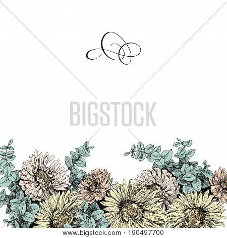 Vector floral backdrop. Blooming garden flowers. Botanical Illustration engraving style. Colorfull. Country style. Eucaliptus, swirl. High detailed