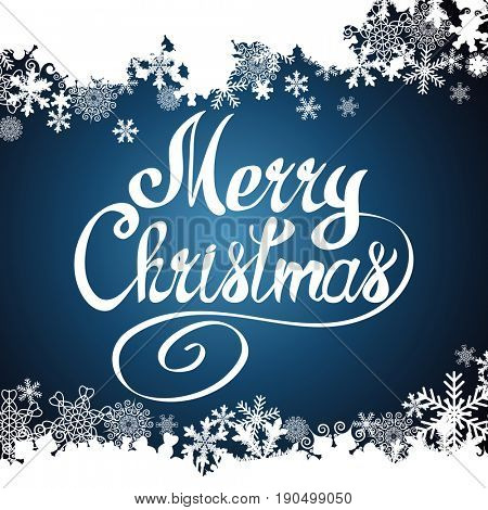 Merry Christmas lettering text and snowflake border, xmas background.