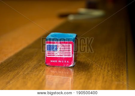 Red and blue billiard pool cue chalk with American flag and Made in U.S.A.