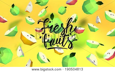 Creative background with low poly fruit. Illustration with polygonal apple.