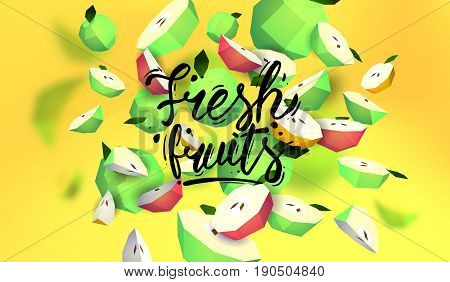 Creative background with low poly fruit. Illustration with polygonal apple.