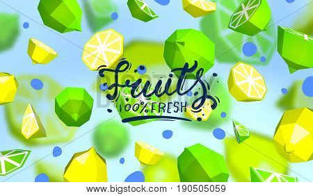 Creative background with low poly fruit. Illustration with polygonal lime and lemon.