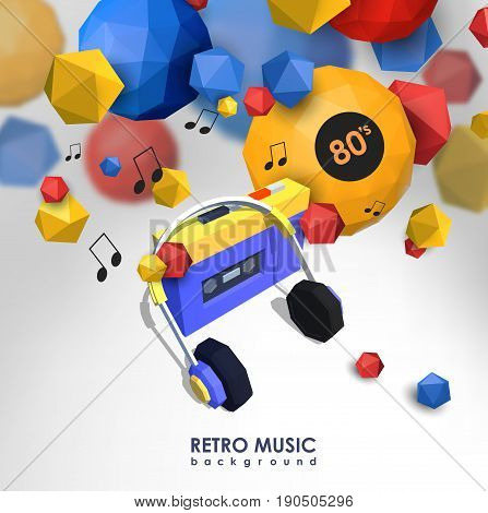 Creative background with retro cassette player. Template with music device and low poly elements.