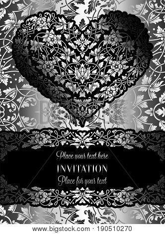 Floral Invitation Card With Antique, Luxury Black And White Vintage Frame And Big Ornamental Heart,v