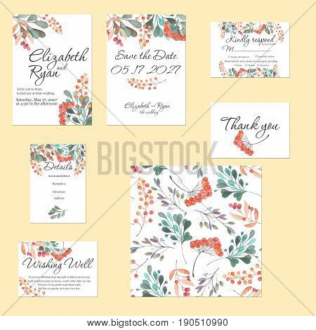 Template cards set with watercolor rowan tree and other autumn tree branches; wedding design for invitation, Save the date card, RSVP, Thank you card, Wishing Well card,  for anniversary day
