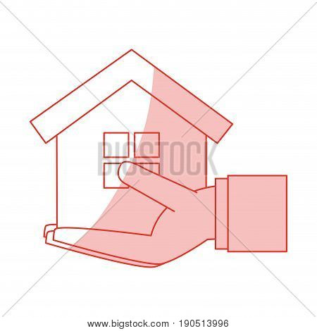 Flat line monocromatic hand holding house over white background vector illustration