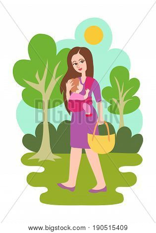 Mother with a child walking in a park on a sunny day. Bright modern trendy flat cartoon style illustration isolated on white background. Woman carrying her child in a baby sling. Outdoors babywearing.