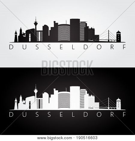 Dusseldorf skyline and landmarks silhouette black and white design vector illustration.