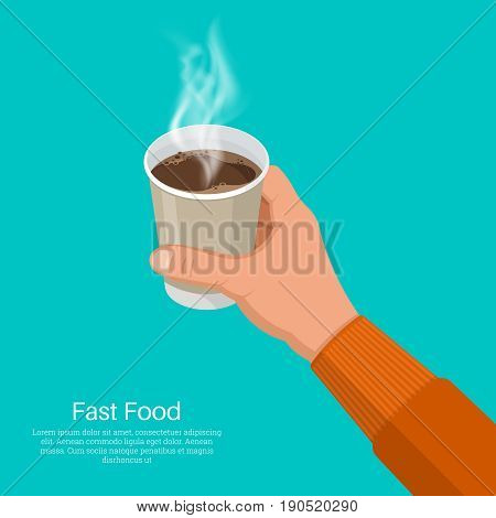 The hand holds a paper glass with coffee.Fast food.Design elements in 3D style.Isometry.Vector illustration in flat style.Break for coffee.