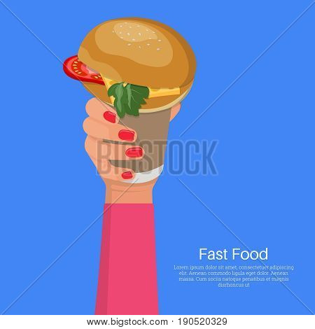 The female hand holds a glass about coffee and sandwich.Fast food.Design elements in 3D style.Vector illustration in flat style.Break for coffee.