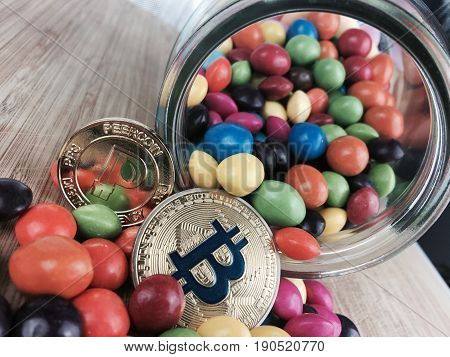 Gold Bitcoin Coin And Gold Peercoin Coin