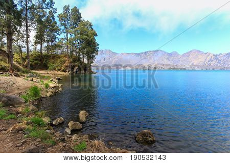 Lake And Volcano Mountain Of Rinjani Indonesia