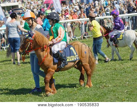 STOCKHOLM SWEDEN - JUNE 06 2017: Young jockeys warming up the pony gallop race horses at Nationaldags Galoppen at Gardet. June 6 2017 in Stockholm Sweden