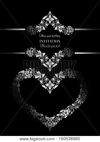 Floral Invitation Card With Antique, Luxury Black And White Vintage Frame And Big Ornamental Heart,v