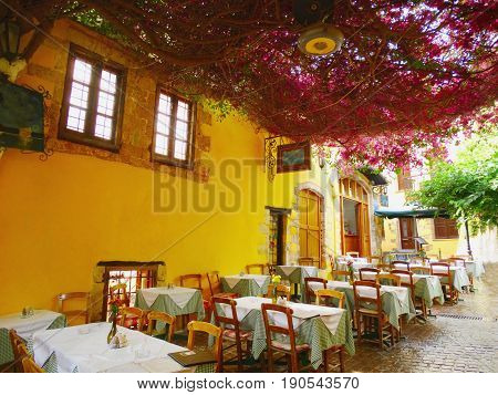 traditional terrace with flowering bushes architecture detail in Greece