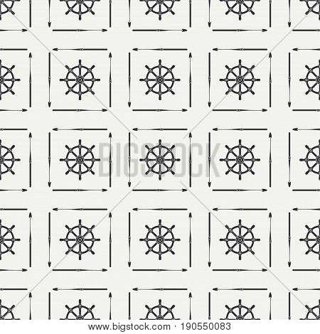 Abstract nautical seamless background pattern with steering wheel and harpoon. Vector illustration texture for design, wallpaper.