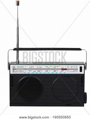 Retro radio on a white background. Isolated. Translation of inscriptions: on the left go KV-1 2 short waves SV medium waves DV long waves . Right mHz kHz fine tuning