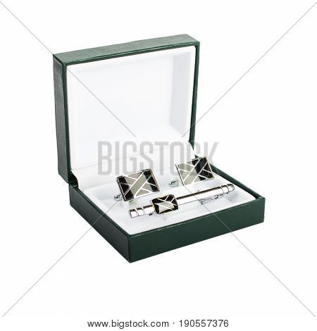 Cuff Links In A Box On White Background