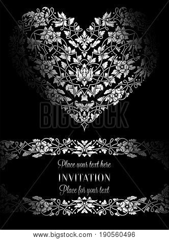 Floral Invitation Card With Antique, Luxury Black And White Vintage Frame And Big Ornamental Heart,v