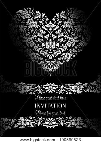Floral Invitation Card With Antique, Luxury Black And White Vintage Frame And Big Ornamental Heart,v