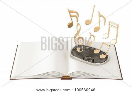 Opened book with loudspeaker and music notes audiobook concept. 3D rendering