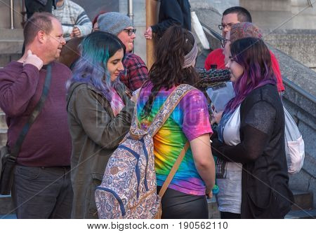Adelaide, AU - June 10, 2017: South Australians gather at Parliament House and Rundle Mall to protest Trump's assumed support for laws discriminating against LGBTI people in the name of religious freedom.