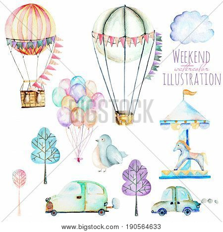 Illustration set with watercolor elements of weekend time and amusement park, hand drawn isolated on a white background, carousels, aerostats, air balloons and other