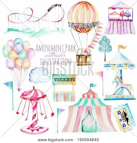Illustration set with watercolor elements of amusement park, hand drawn isolated on a white background, carousels, aerostats, air balloons and other