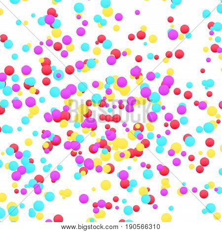 Bright colorful yellow red and blue confetti layout. Festive graphic vivid falling circle particle dust template. Holiday abstract happy fun background. Vector illustration