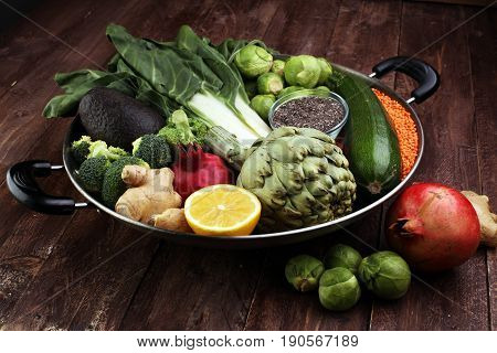 Vegetables, Fruit, Seeds, Cereals, Beans, Spices, Superfoods, Herbs, Condiment In Silver Pan For Veg
