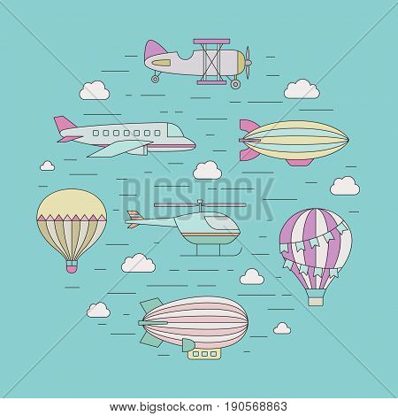 Air transportation outline circle illustration. Clean and simple design. Part two.
