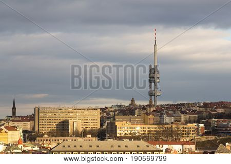 Prague, Czech Republic - March 20, 2017: Zizkov television tower and skyline view
