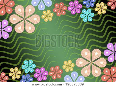 Colorful flower ornament on green wavy background mirror diagonal floral patterns suitable for invitation garden party birthday billboard EPS10 vector
