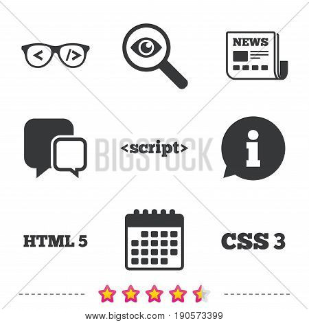 Programmer coder glasses icon. HTML5 markup language and CSS3 cascading style sheets sign symbols. Newspaper, information and calendar icons. Investigate magnifier, chat symbol. Vector