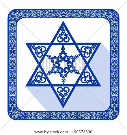 Star of David decoration tile with geometric vintage yew ornament in blue design eps10 vector. Religious motif in modern flat design with long shadow in israel national colors.